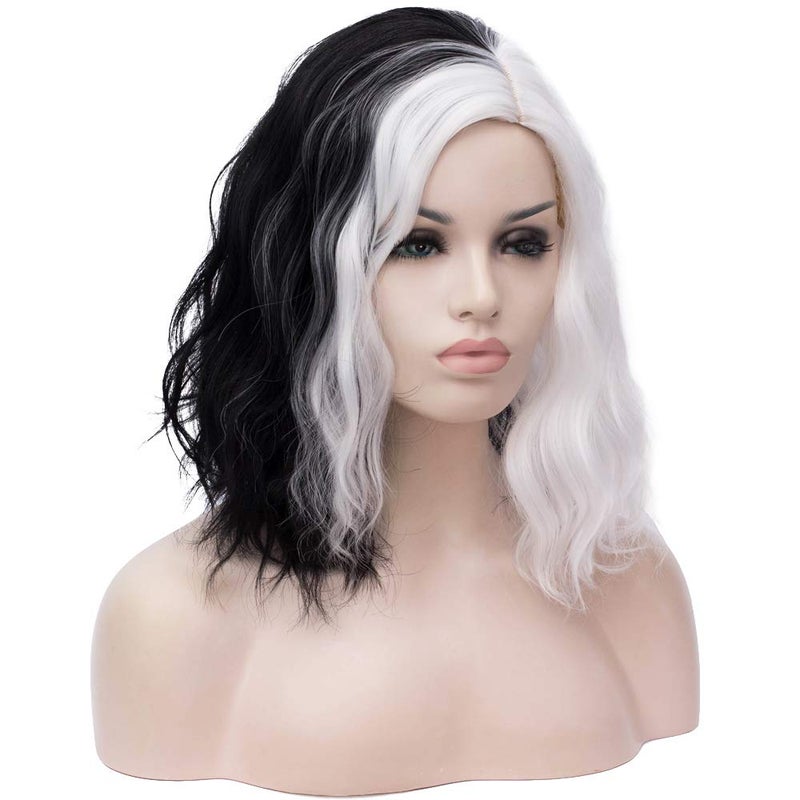 BERON 14" Women Girls Short Curly Bob Wavy Wig Body Wave Halloween Cosplay Costume Daily Party Wigs (Black and White) - Image 2